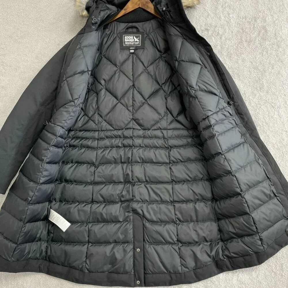 Eddie Bauer Women's L Down 650 Fill Long Parka Coat  Faux Fur Hood Black JCK195
